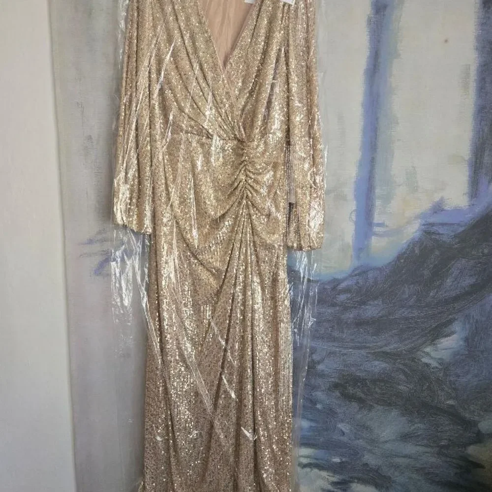 Betsy & Adam Gold Sequin Maxi Dress